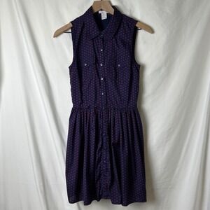 Delias Sleeveless Button Up Shirt Dress Navy Blue Red Heart Print Size M Preppy